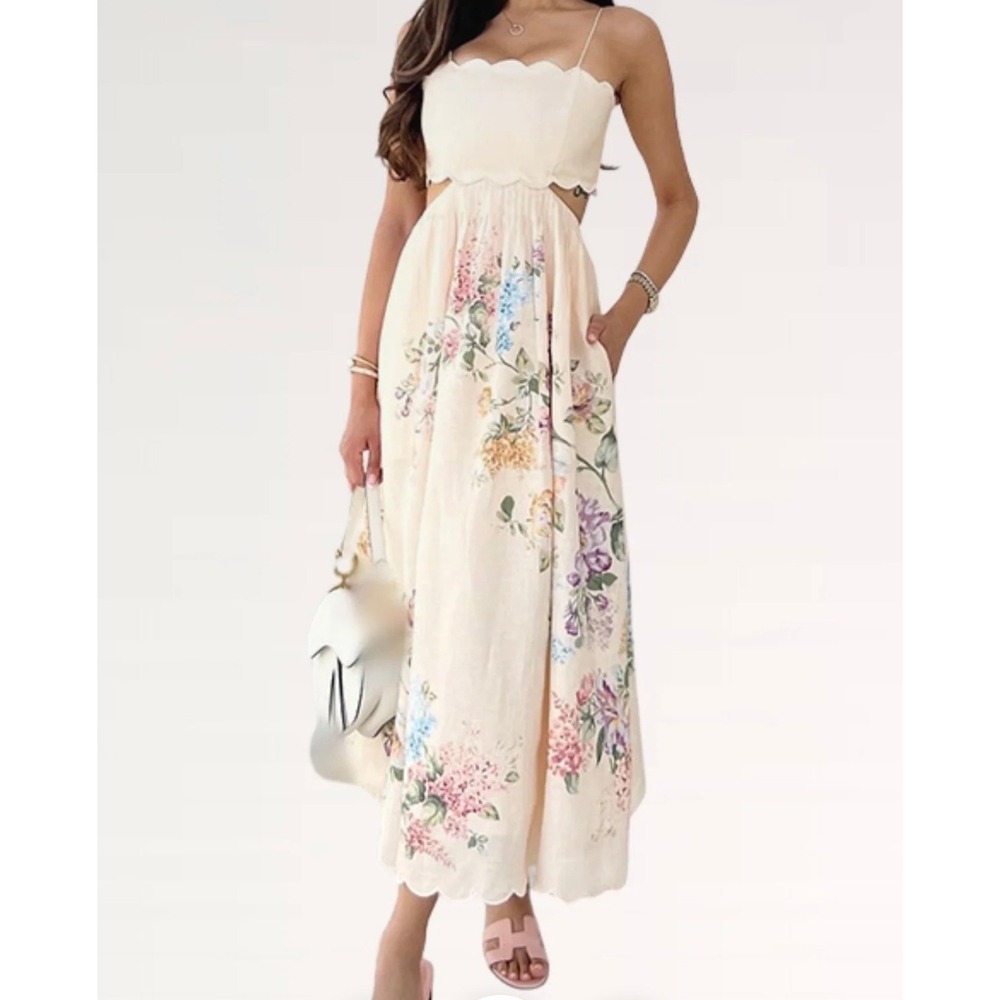 Floral Scalloped Cut Out Midi Dress Peach Pink Blue Large Fairy Garden Party